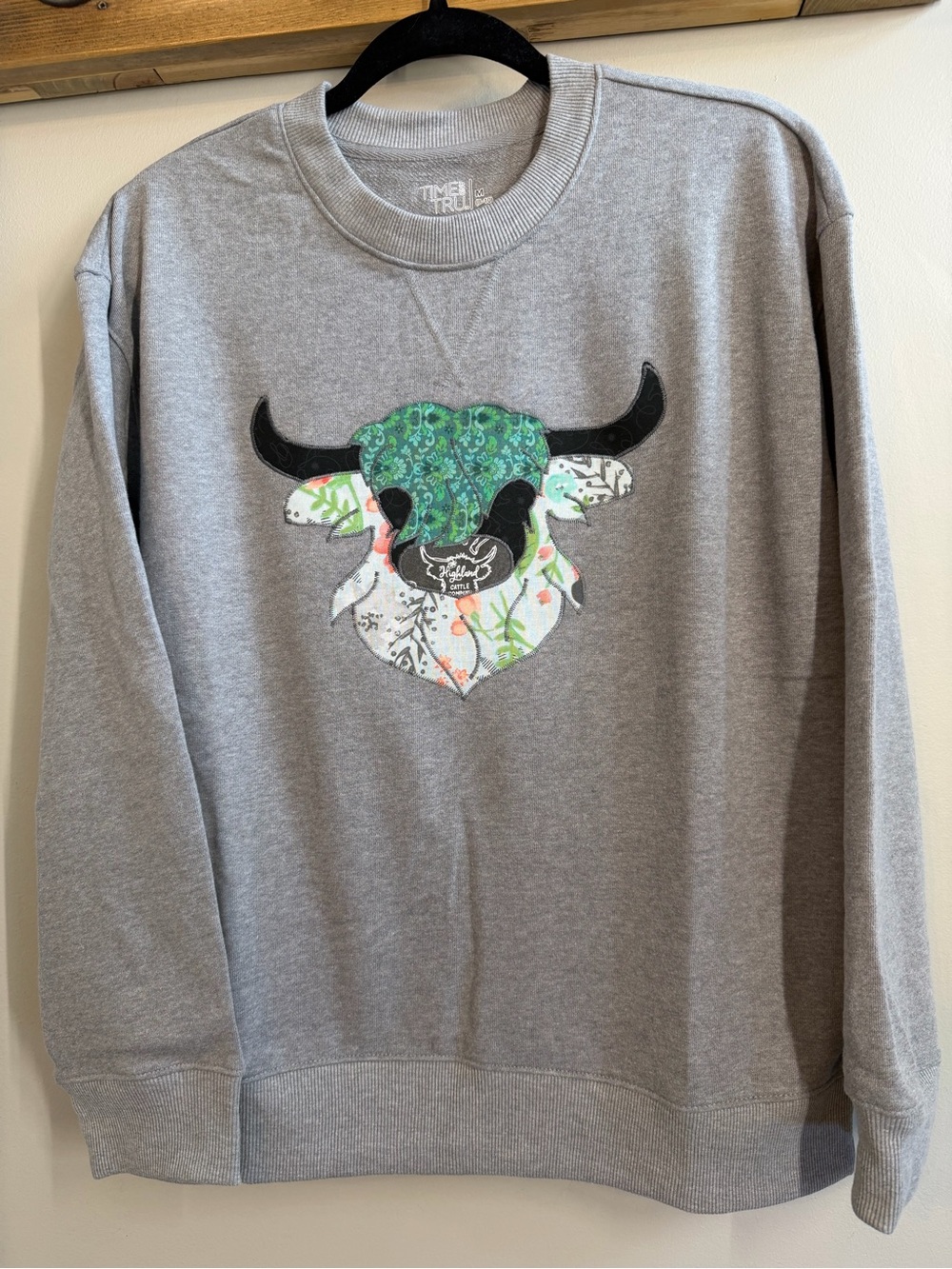 Women's Gray Crewneck Sweatshirt with handmade Highlander cow appliqué